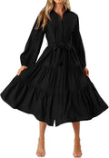 Womens Long Sleeve Midi V Neck Tiered Dress - Flowy Tie Waist