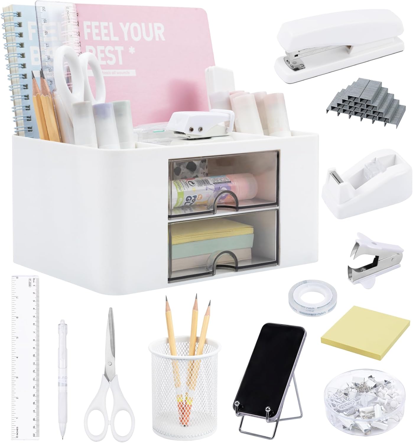 Complete Desk Organizer Set: 12+1 Pcs, White, Stylish & Functional