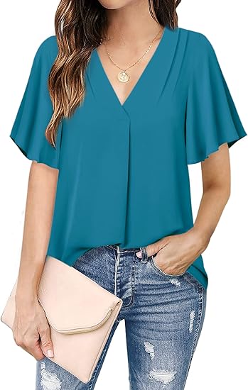 Timeson Women's V Neck Chiffon Blouse with Ruffle Sleeves