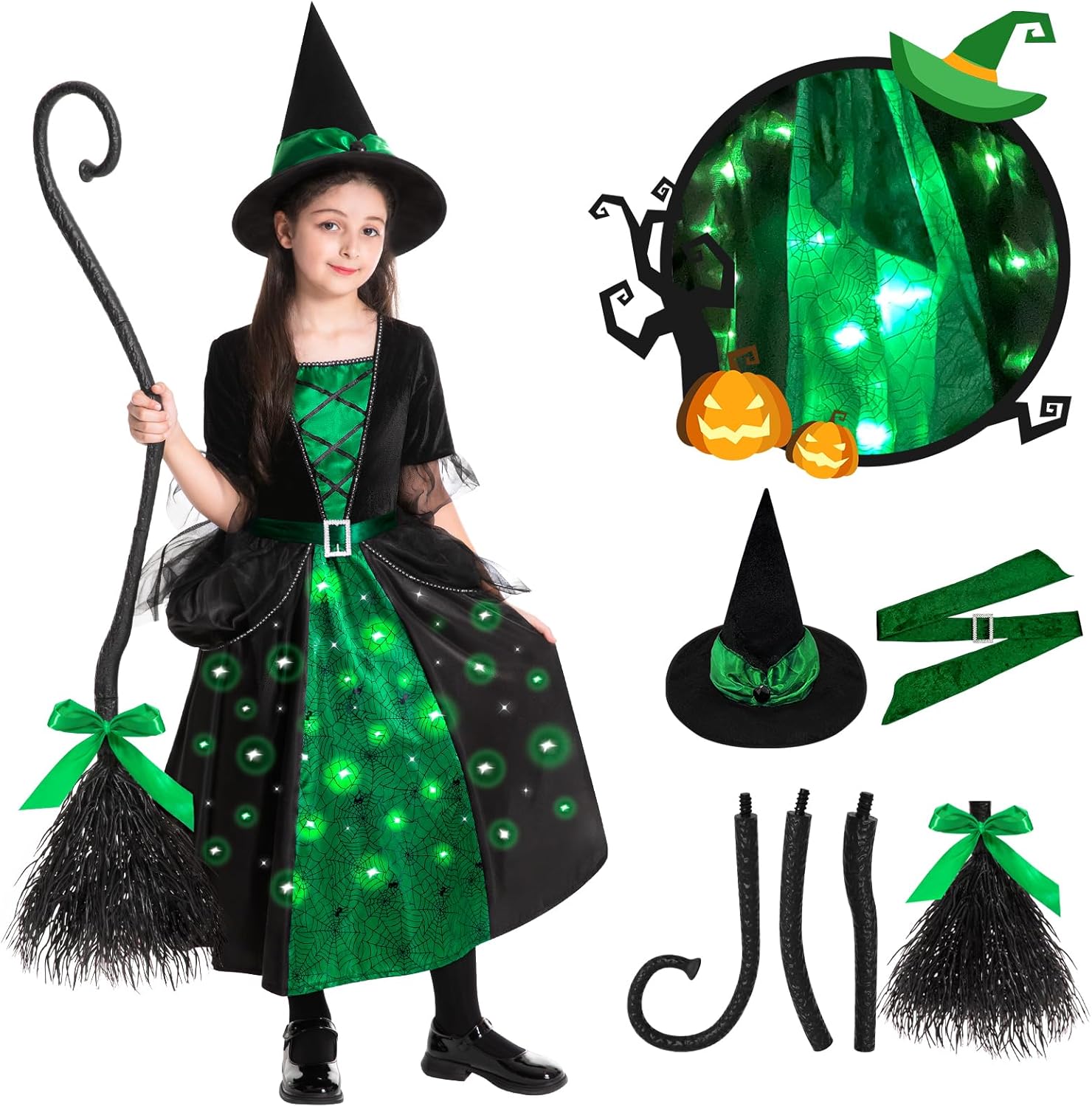 Witch Halloween Costumes for Girls with Light Up Dress and Hat