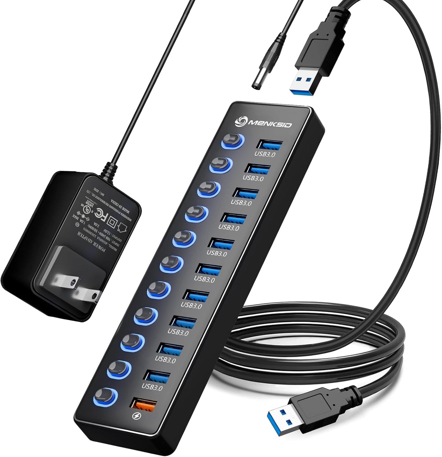 Powered USB Hub with 11 Ports for Fast Data Transfer and Charging