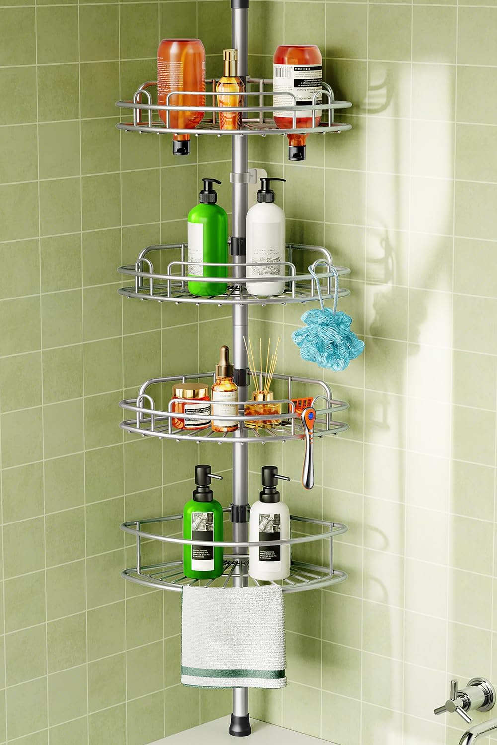 HAMITOR Corner Shower Caddy Tension Pole: 4-Tier Organizer