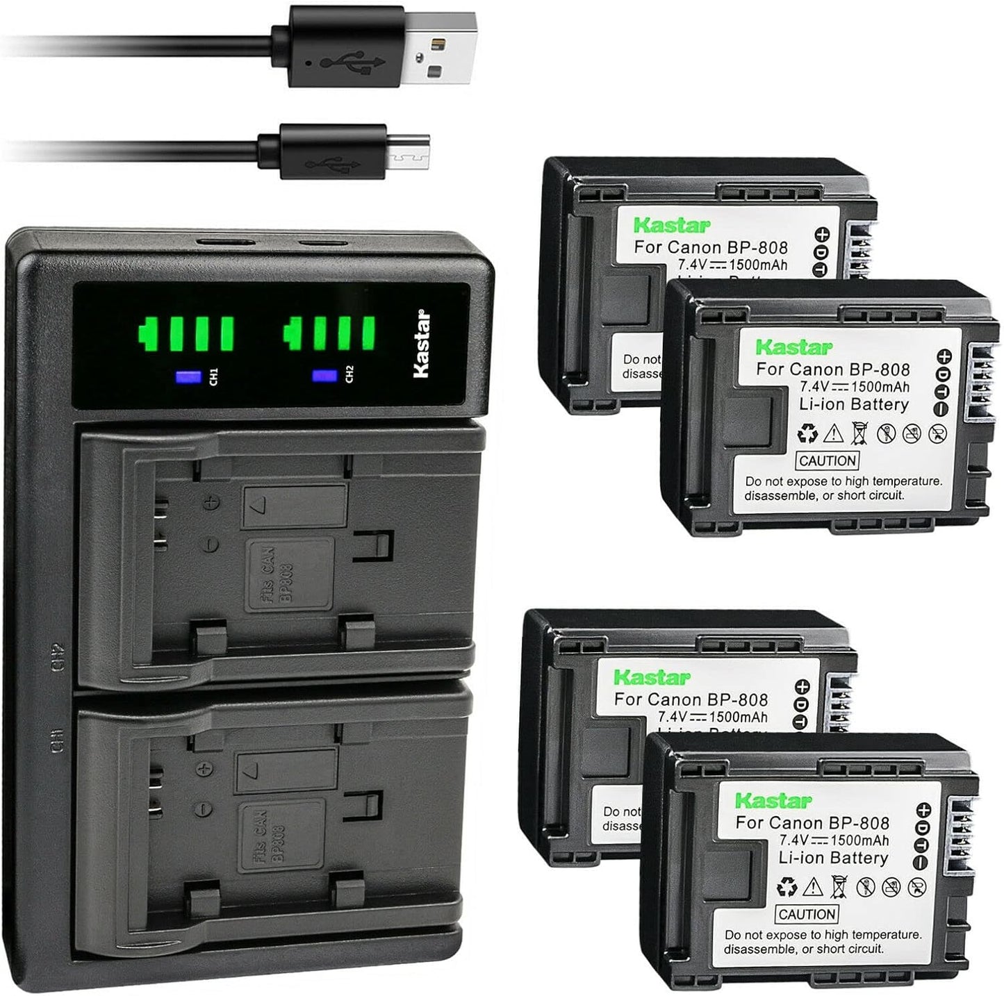 Kastar 4-Pack BP-808 Battery and LTD2 USB Charger for Canon