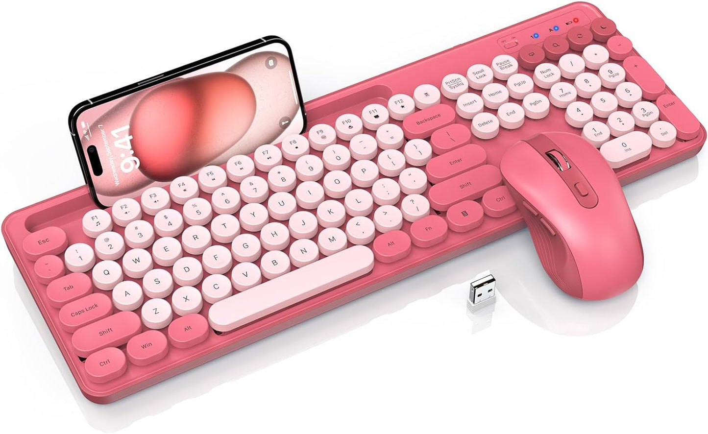 Retro Typewriter Keyboard Set, Cute Pink, Soft Click, Wireless 2.4GHz Connection