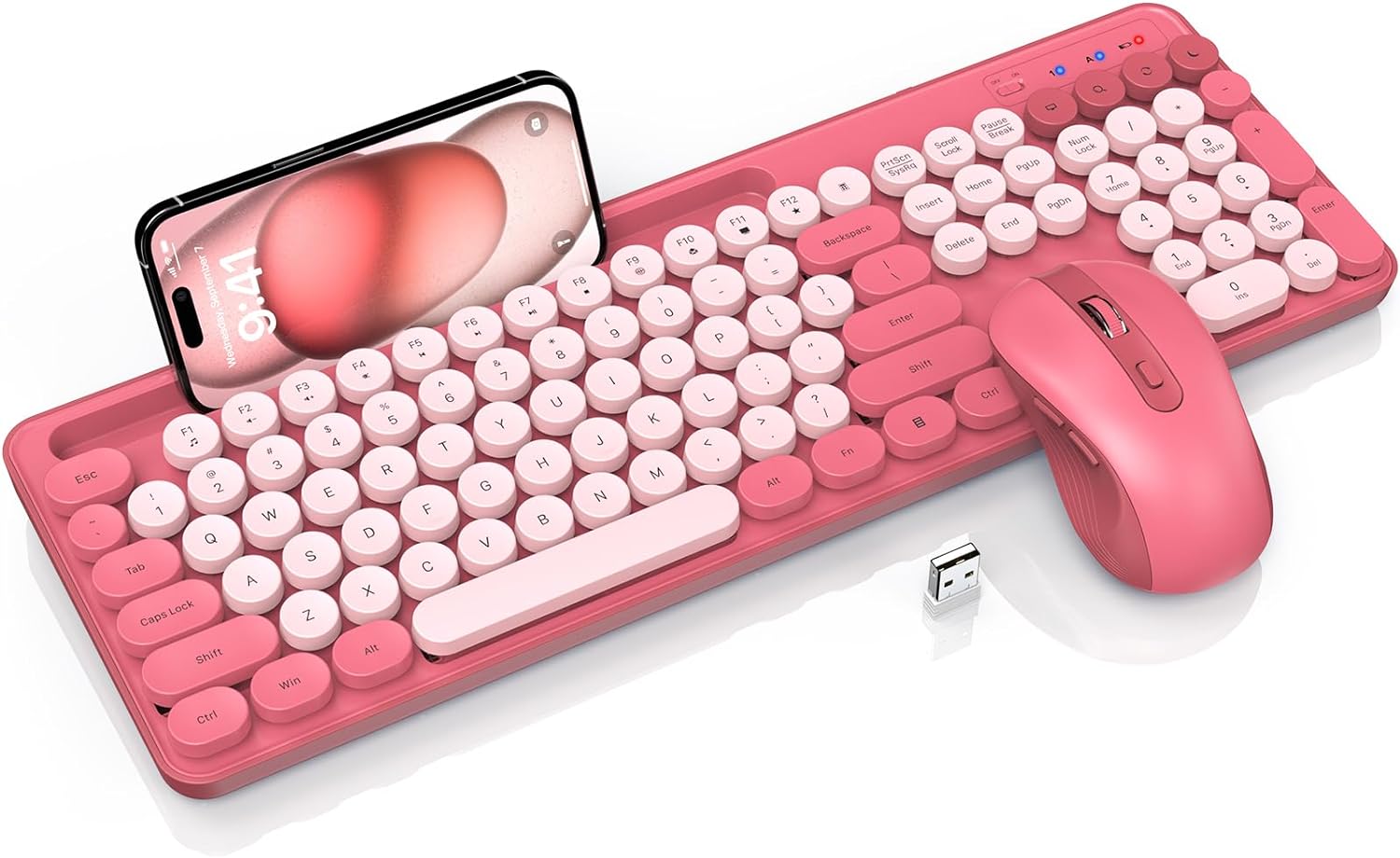 Retro Typewriter Keyboard Set, Cute Pink, Soft Click, Wireless 2.4GHz Connection