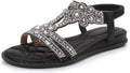 Women Rhinestone T-Strap Sandals with Bohemian Beads - Flat 1in Heel