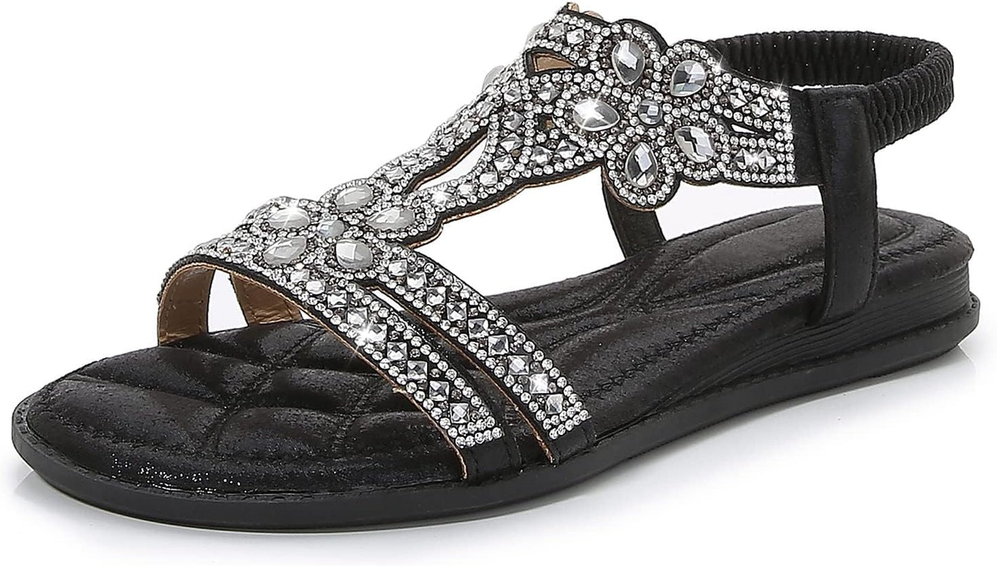 iCKER Women Rhinestone Sandals T-Strap Bohemian Pearl Style