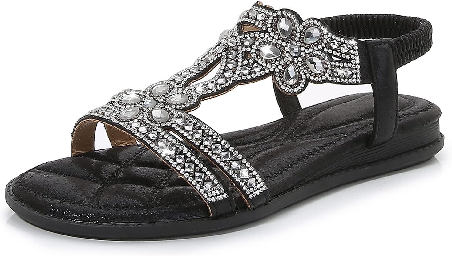 iCKER Women Rhinestone Sandals T-Strap Bohemian Pearl Style