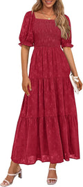 Women's Midi Floral Smocked Dress Square Neck Ruffle Sleeve - Flowy