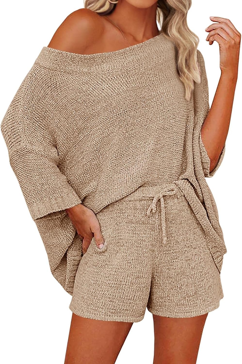 Mafulus Women's 2 Piece Outfits Off Shoulder Knit Top Shorts Set