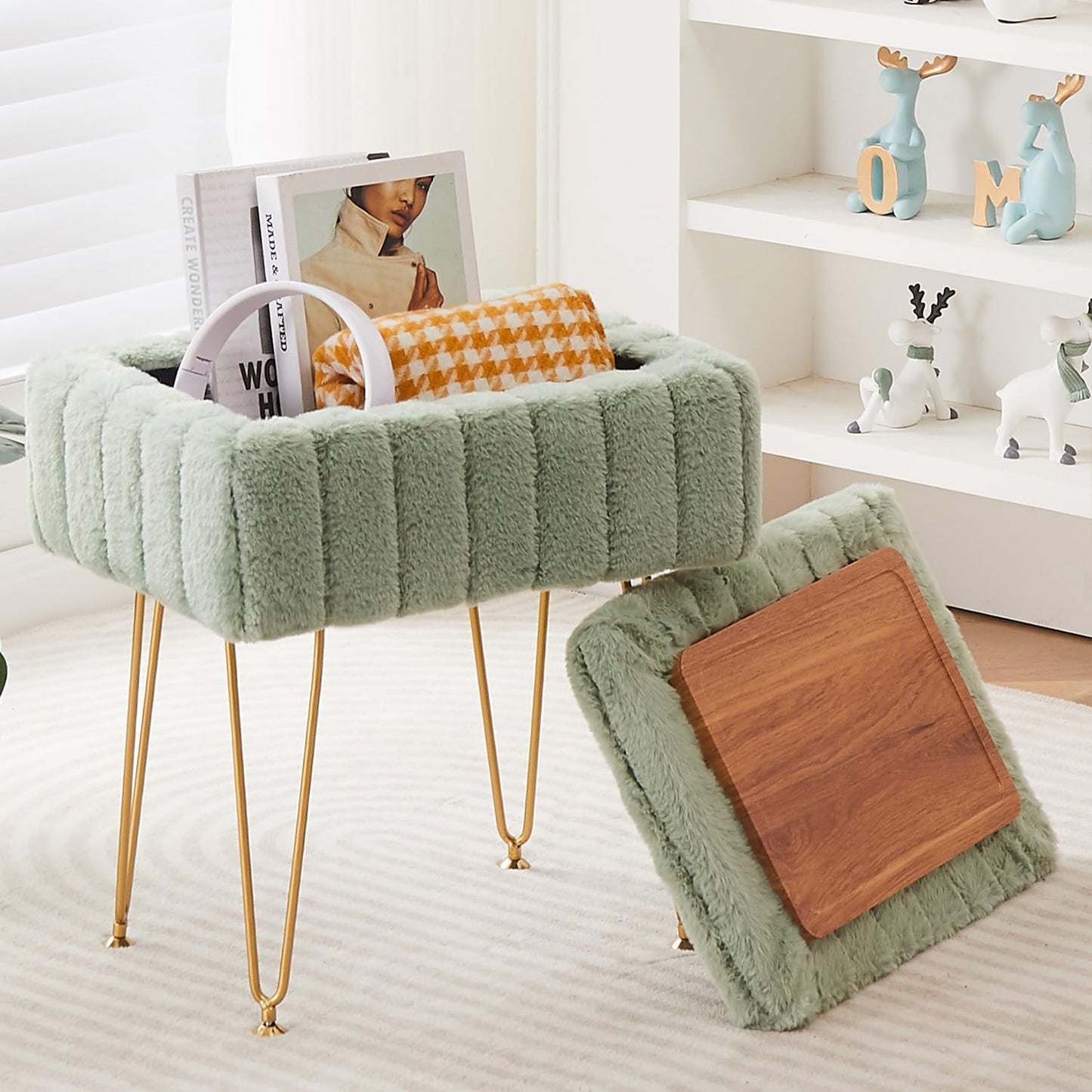 Faux Mink Fur Storage Ottoman for Modern Living Spaces