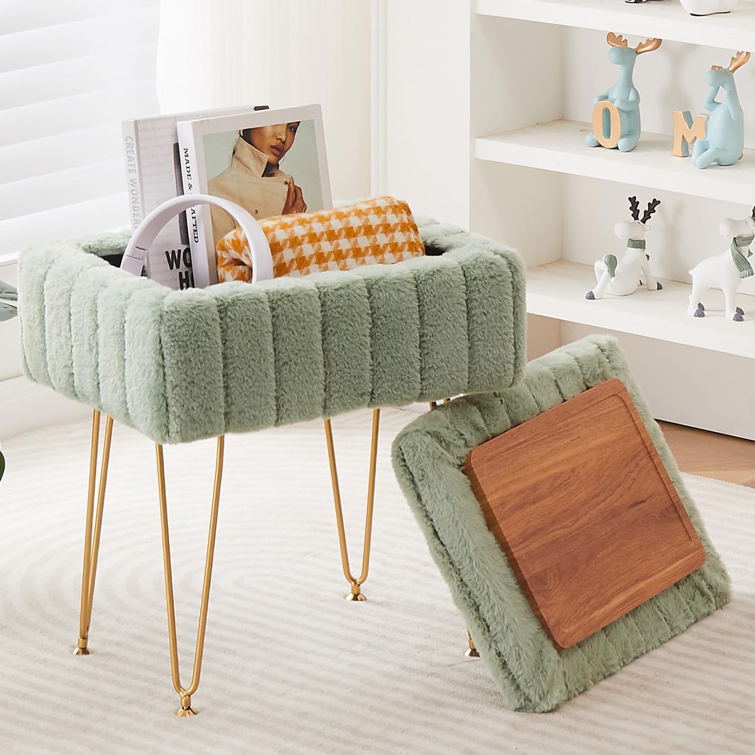 Faux Mink Fur Storage Ottoman for Modern Living Spaces