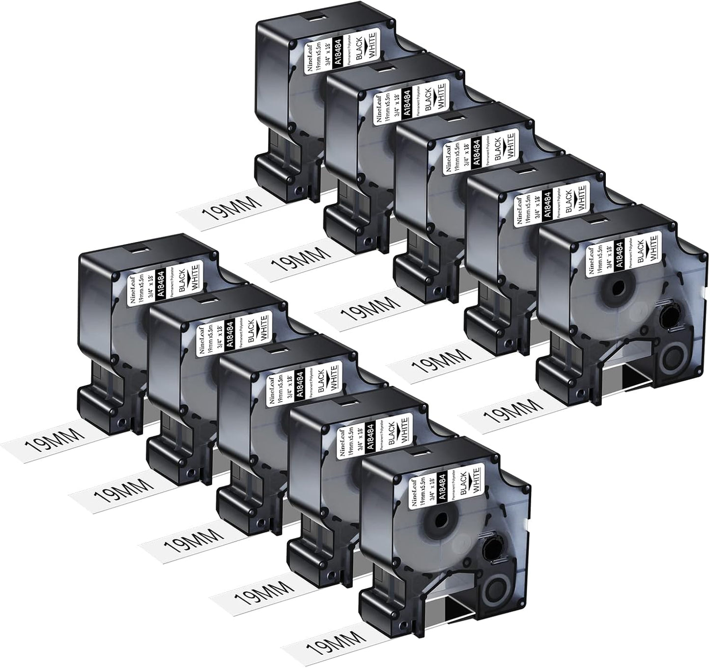 NineLeaf 10 Pack Black on White Permanent Polyester Label Tape