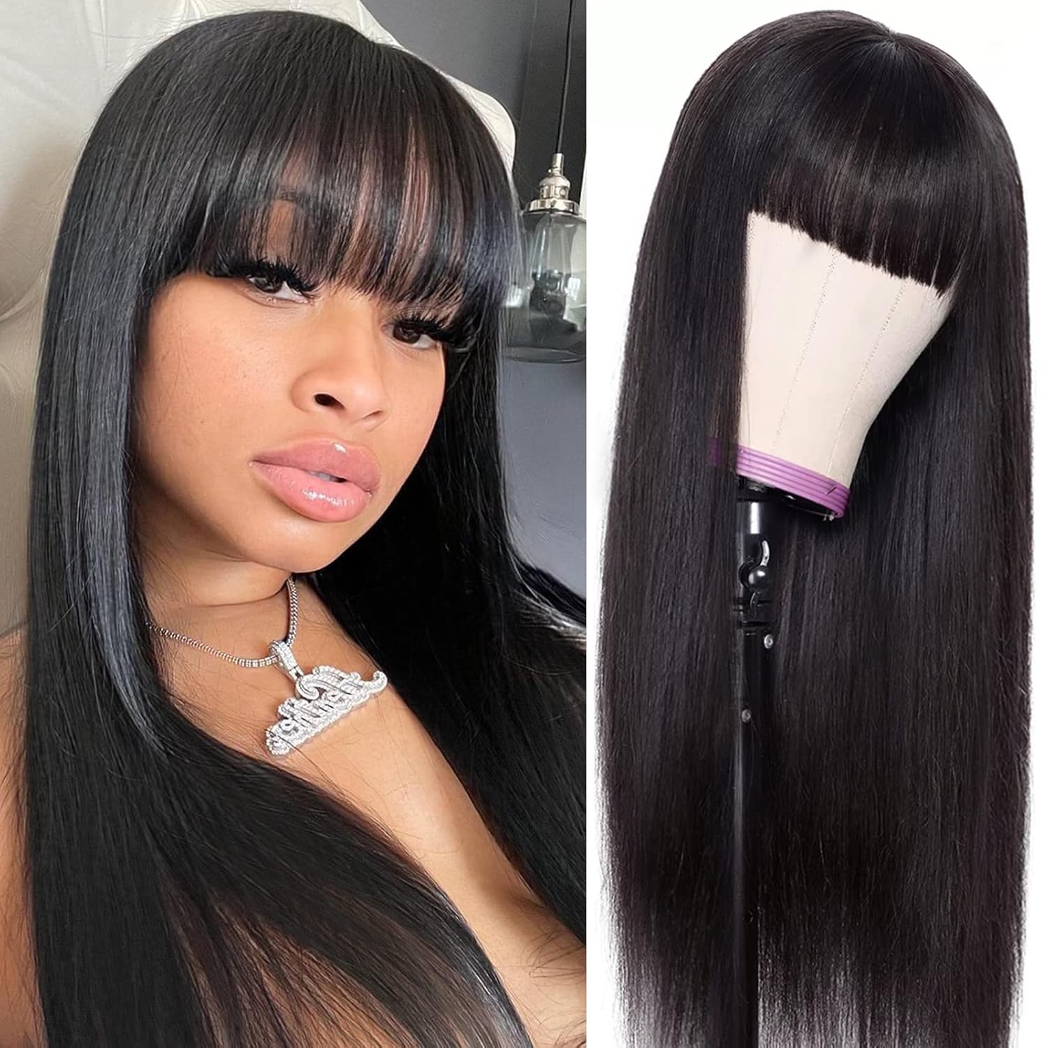 Lativ Human Hair Wigs with Bangs for Black Women, 16 Inch