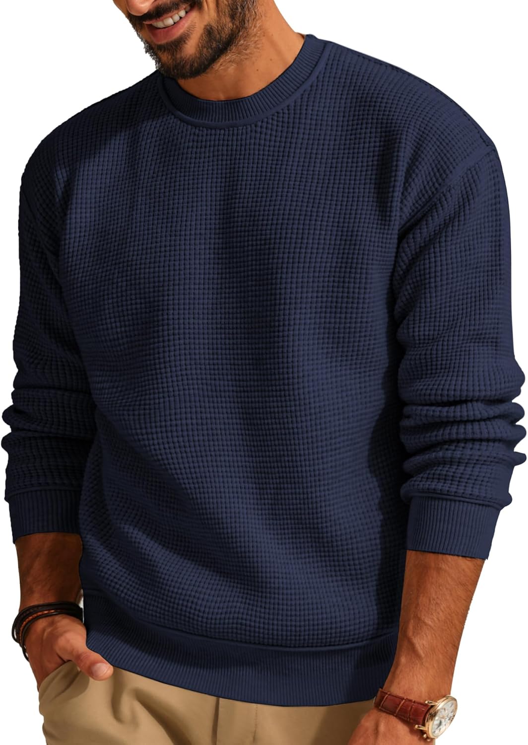 PJ PAUL JONES Mens Sweater Crewneck Knit Casual Waffle Pullover