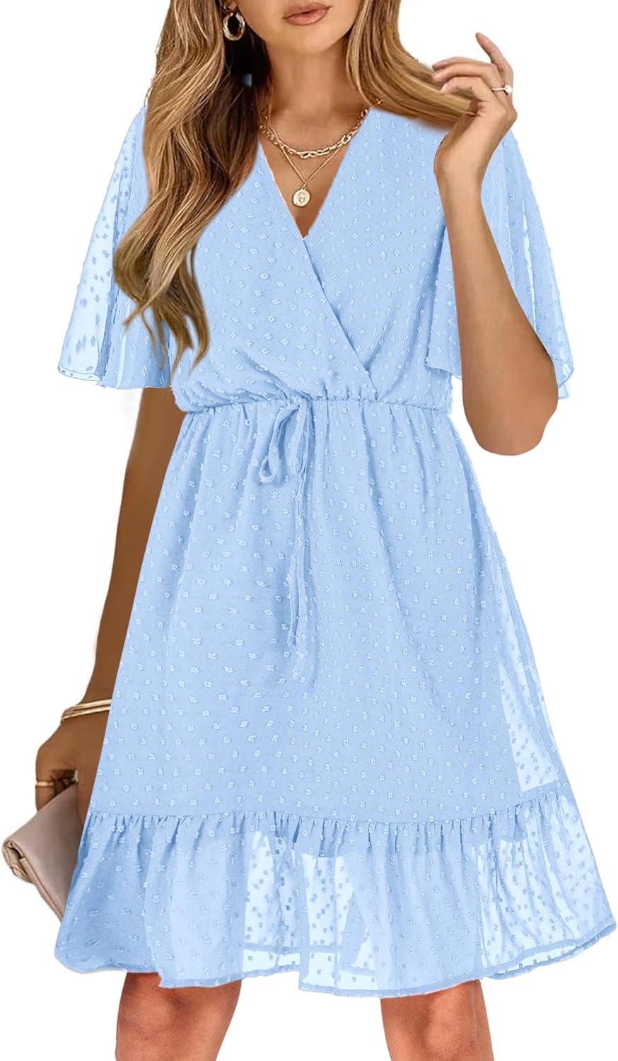KIRUNDO Women's Summer Dresses Casual Short Sleeve V Neck Ruffle