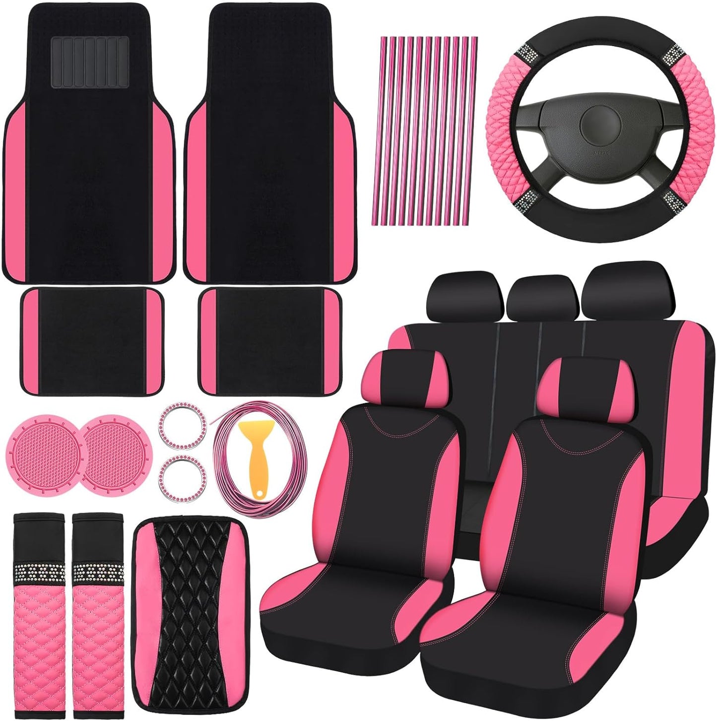 Bling Car Accessories Set for Women - 43 Pcs Pink and Black