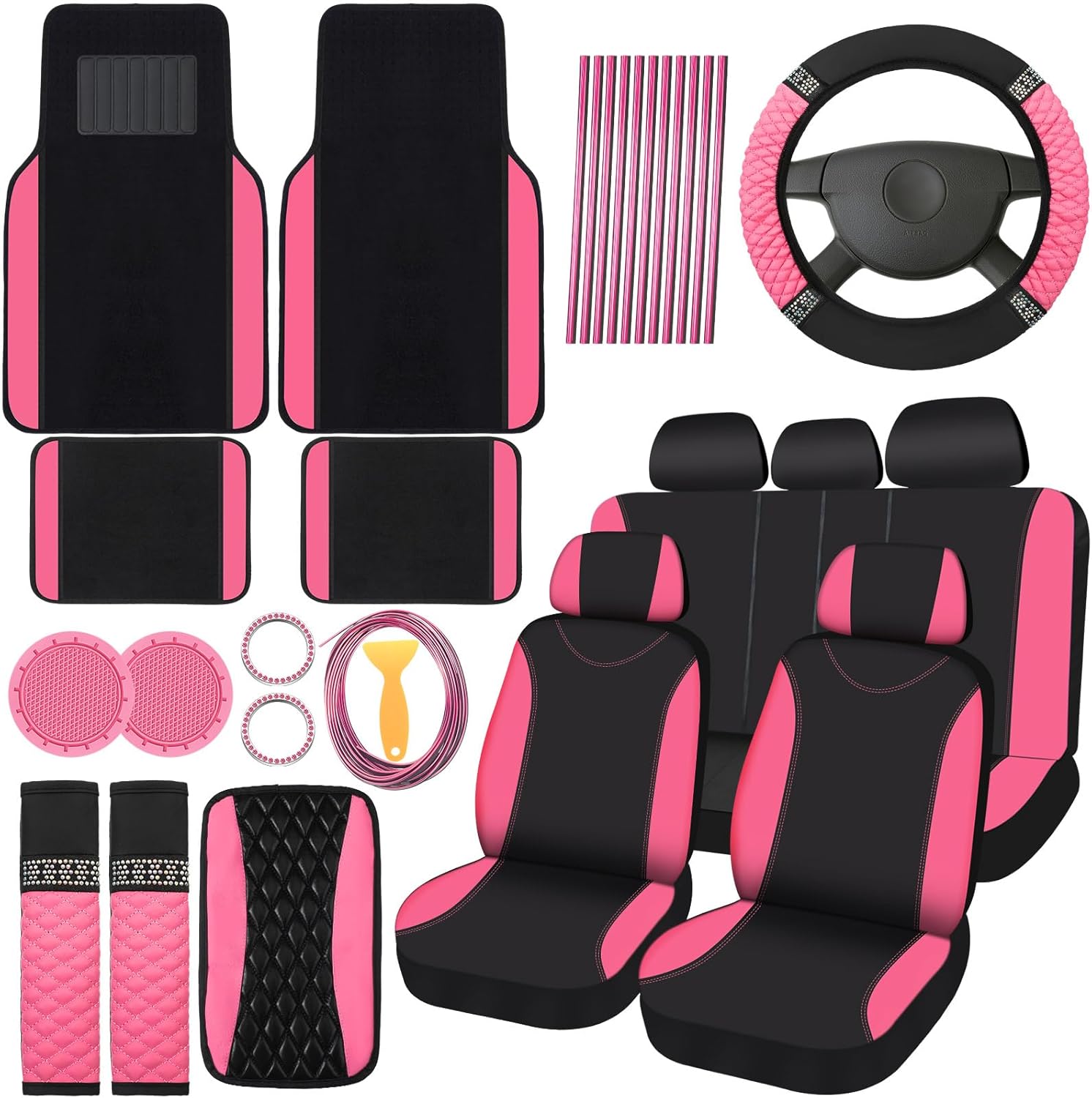 Bling Car Accessories Set for Women - 43 Pcs Pink and Black