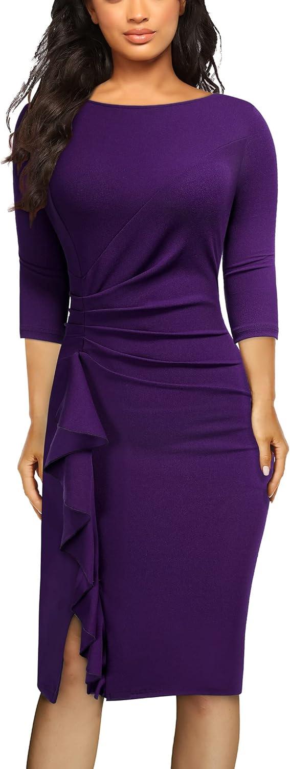 AISIZE Women's Retro 3/4 Sleeve Ruched Elegant Business Dress