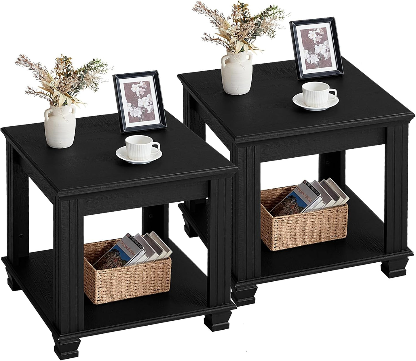 Farmhouse End Table Set of 2 with 2-Tier Storage Shelf