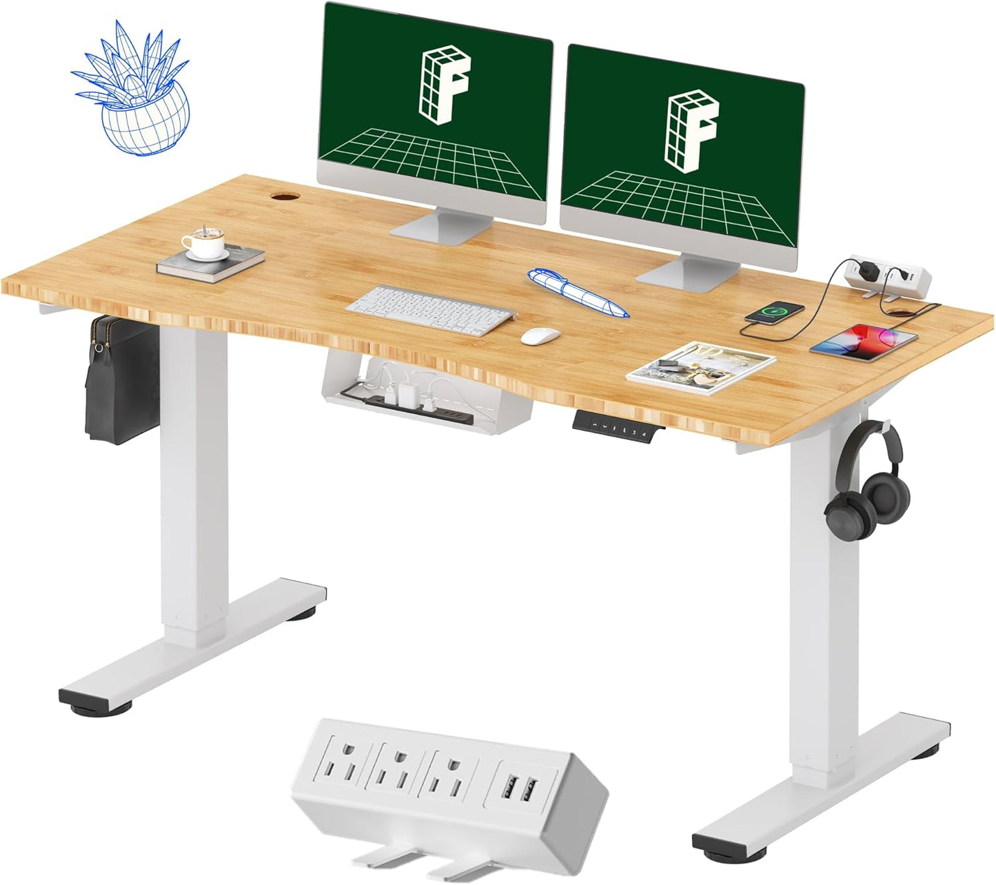 FLEXISPOT EN2 Bamboo Standing Desk with Power Strip and Memory