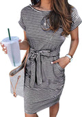 Women's Summer Striped Short Sleeve T Shirt Dress - Flattering Tie 4-6