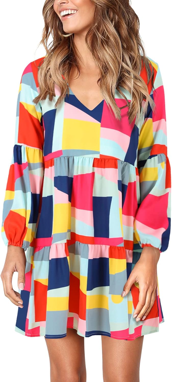 Amoretu Womens Tunic Dress Long Sleeve V Neck Casual Style