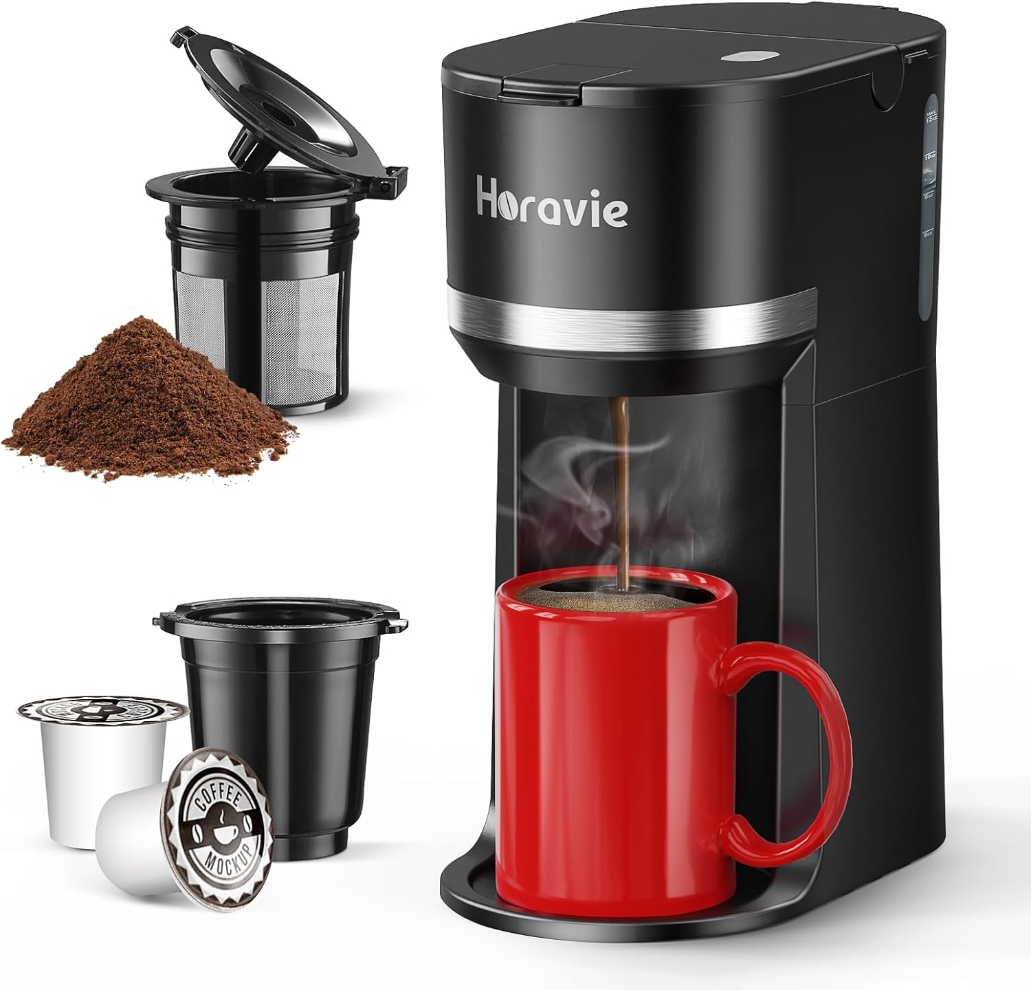Fast Brew Mini Coffee Maker, 6-12 oz. Brew Sizes, Descaling Reminder, Horavie