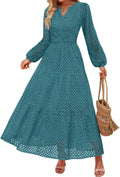 ZESICA Womens Long Sleeve Maxi Dress V Neck Eyelet A Line - Flowy Fall