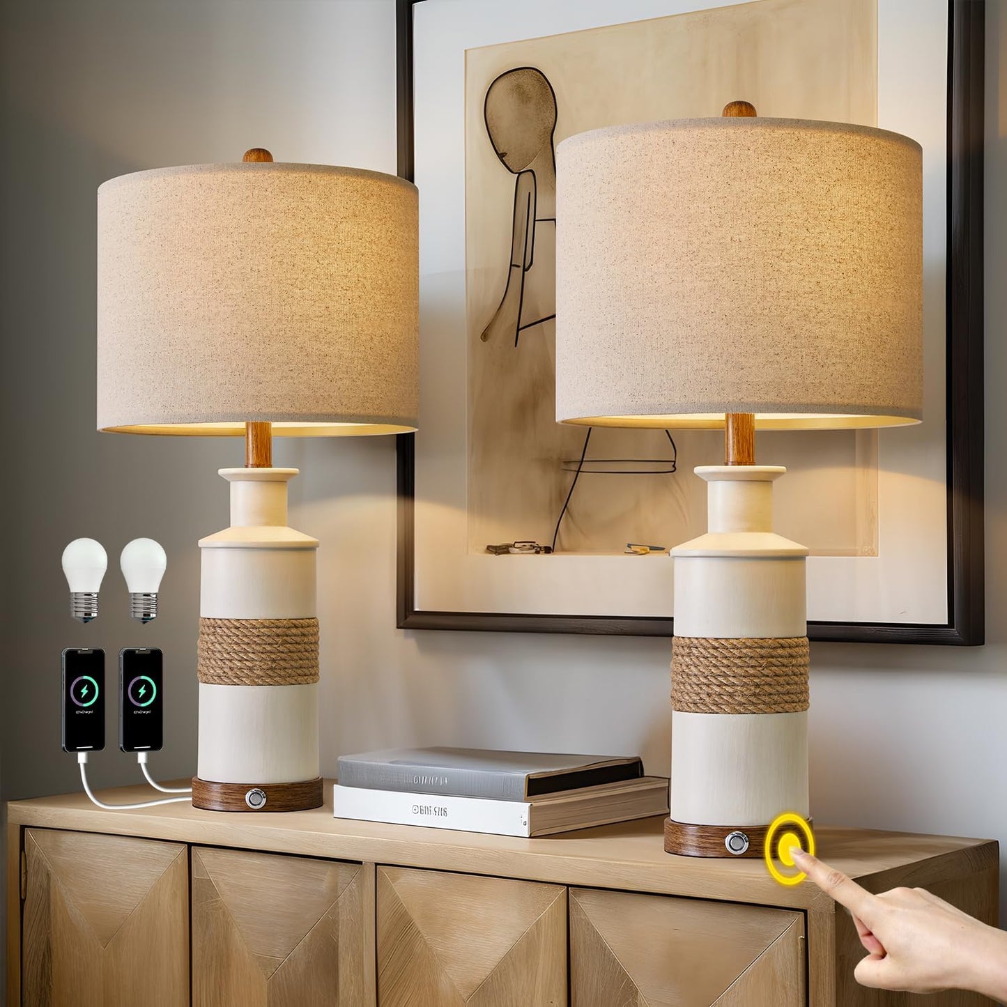 Dimmable Touch Control Boho Table Lamp Set of 2 for Bedroom