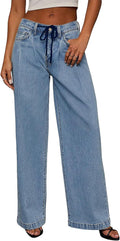 Women's Wide Leg High Waisted Drawstring Jeans - Baggy Stretch Fit