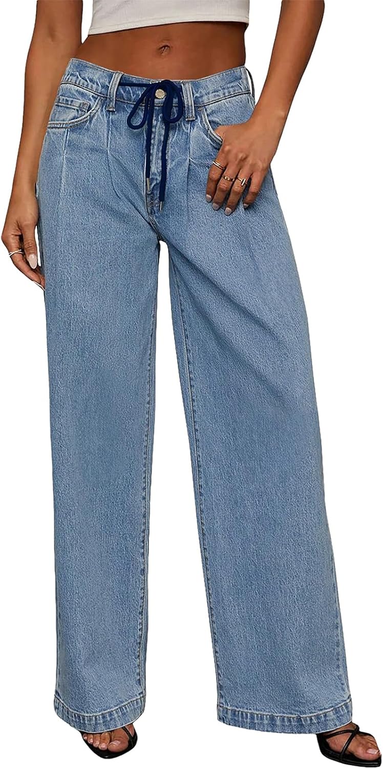 Sidefeel Women's Drawstring Jeans: High Waisted Wide Leg Style