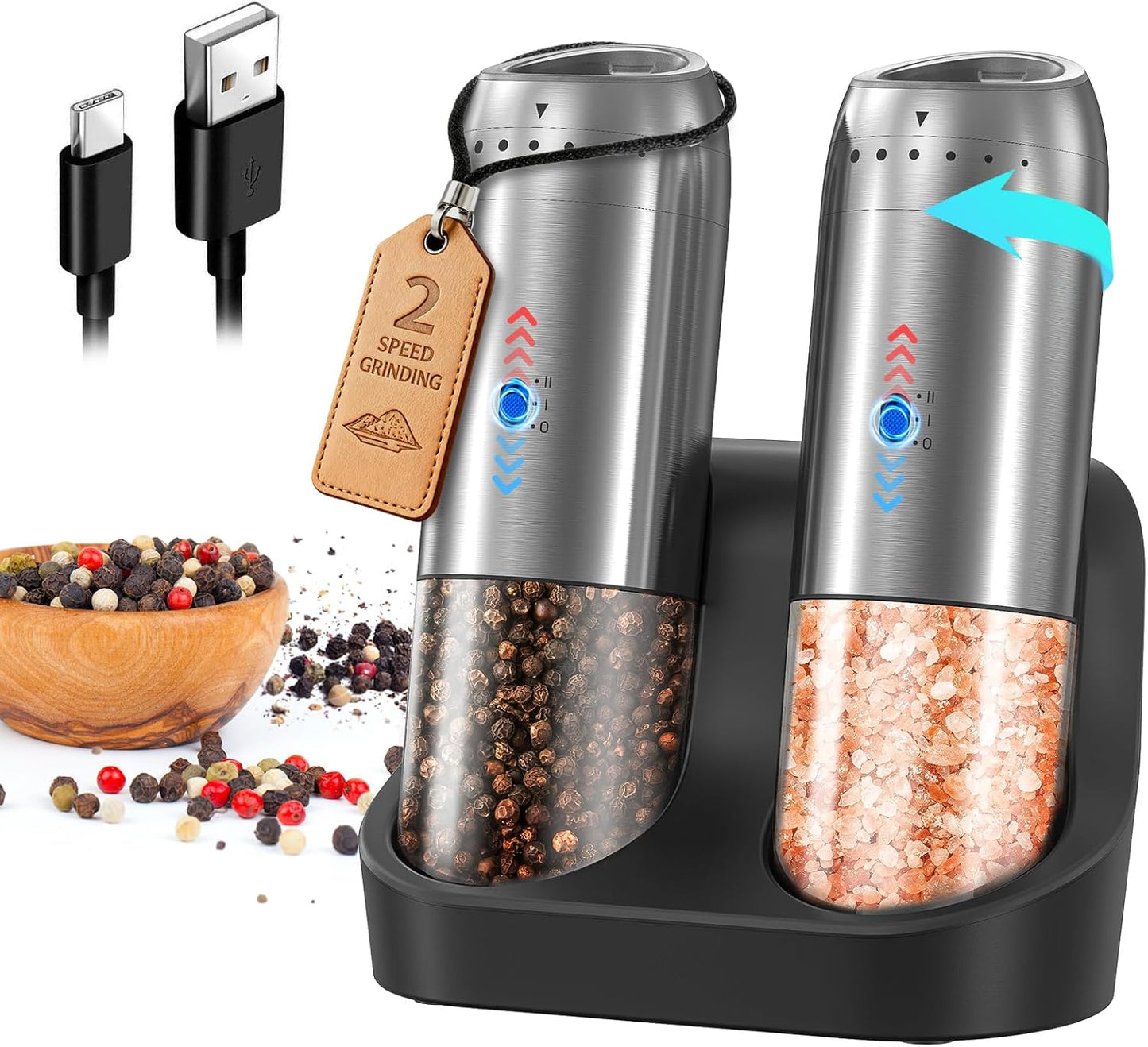 Gravity Electric Salt and Pepper Grinder Set with Rechargeable Base