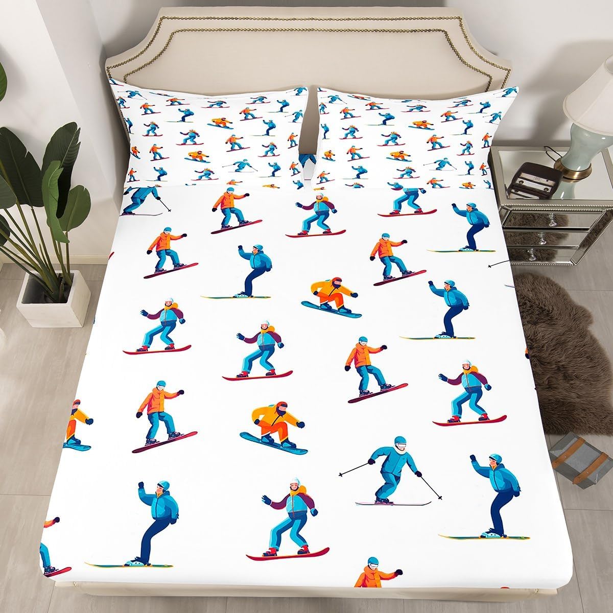 Cute Skier Print Queen Fitted Sheet