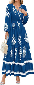 PRETTYGARDEN Boho Floral Maxi Dress - Flowy Fall Wedding Guest Dress