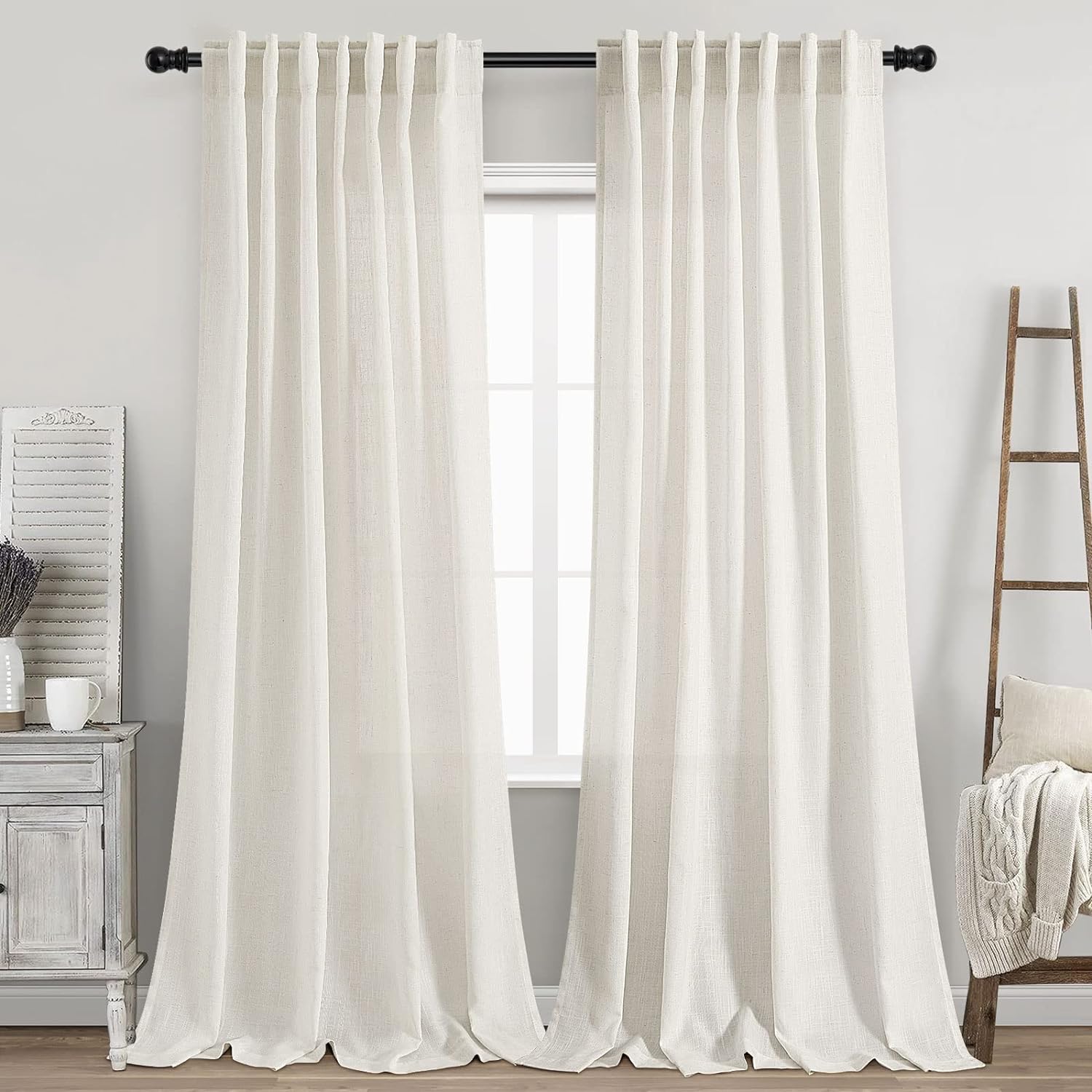 Back Tab Linen Curtains 96 inches Long for Living Room Decor