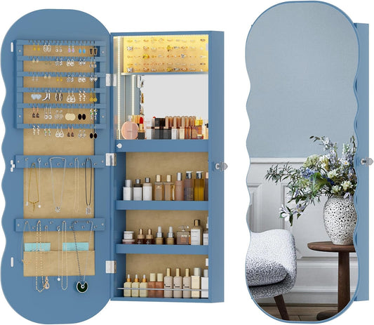 HNEBC LED Mirror Jewelry Cabinet with Storage and Lights