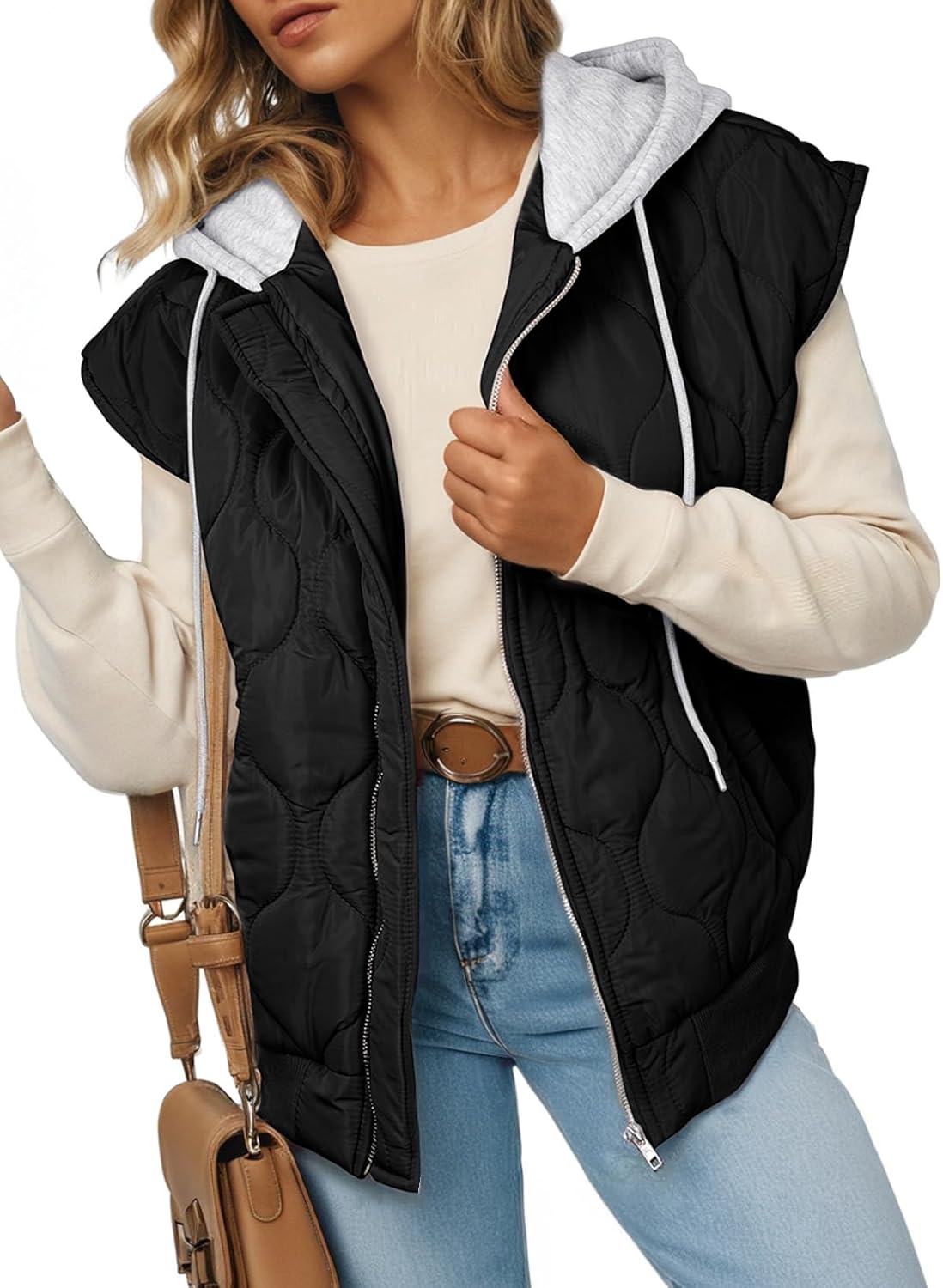 Lightweight Quilted Puffer Vest for Women with Hood and Pockets
