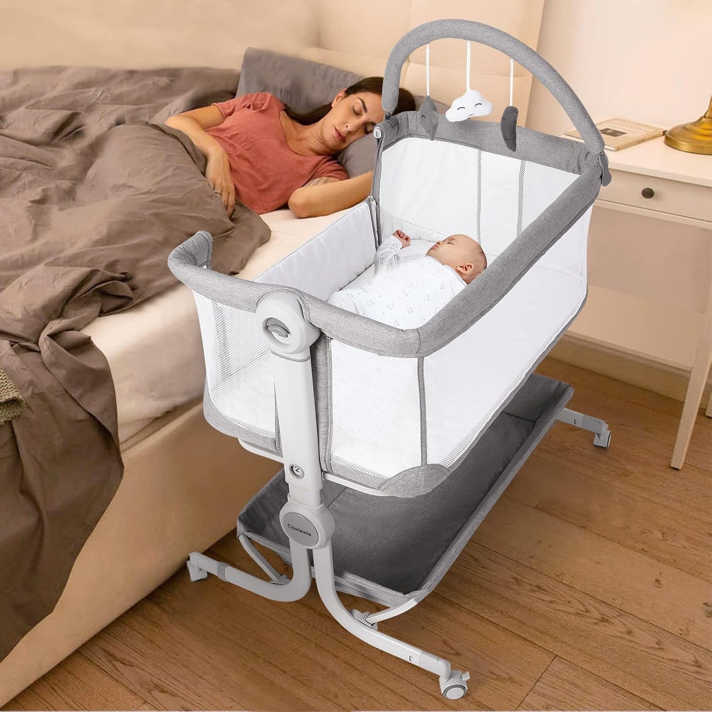 Cowiewie Baby Bassinet Bedside Sleeper with Storage Basket