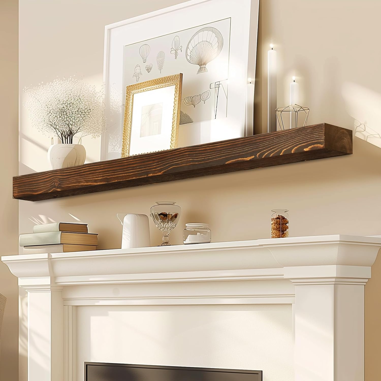 48x8x3 Fireplace Mantel - Solid Rustic Wood Wall Shelf