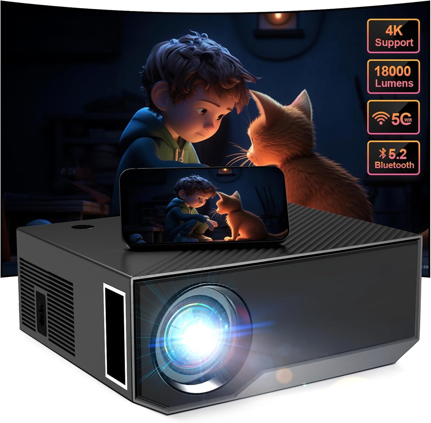 18000L Full HD WiFi Bluetooth Projector - Stream Anywhere!