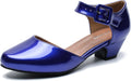 Women Royal Blue Ankle Strap Closed Toe Low Chunky Heel Pumps