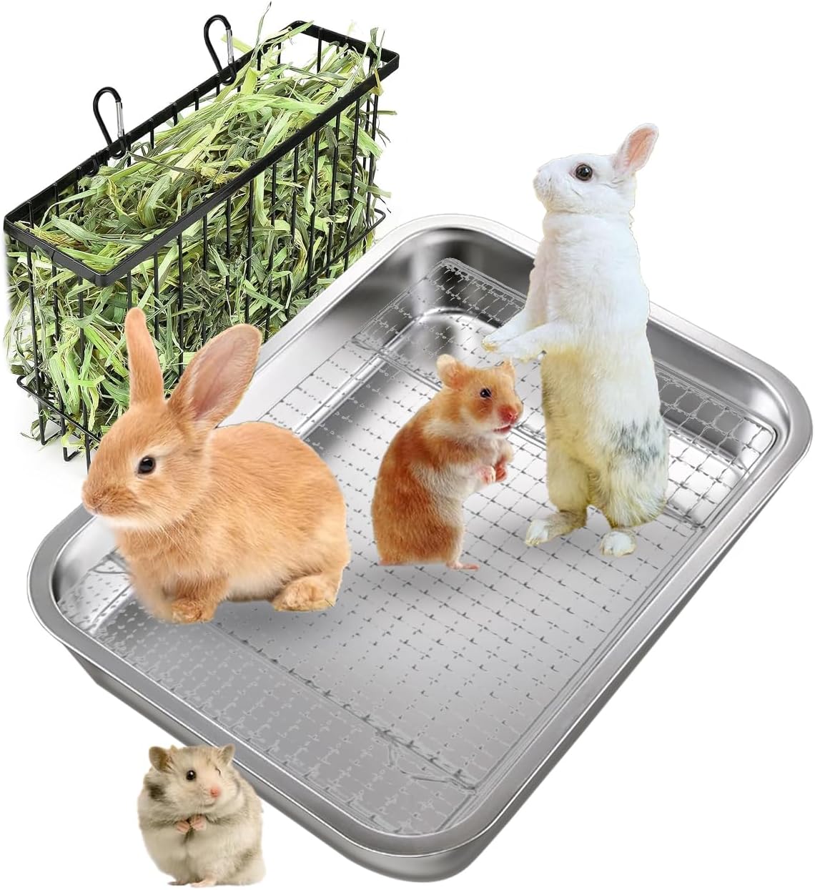 Rabbit Hay Feeder with Stainless Steel Litter Box for Small Pets