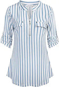 Womens 3/4 Sleeve Plaid Zip Floral Tunic Blouse - Flowy VNeck