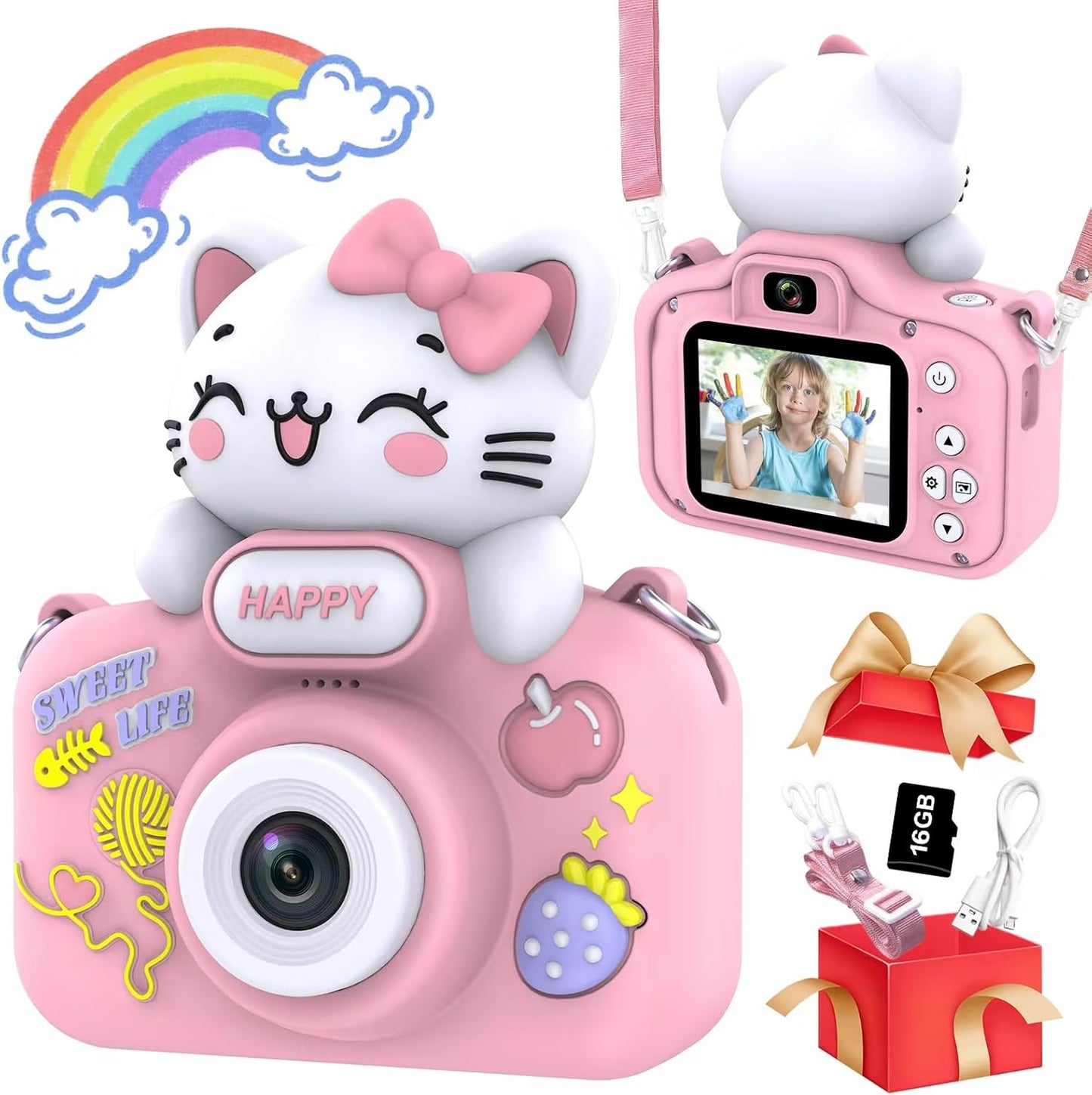 Kids Video Camera with Silicone Cover - Perfect Gift for Girls 3-8 - 16GB SD Card Included