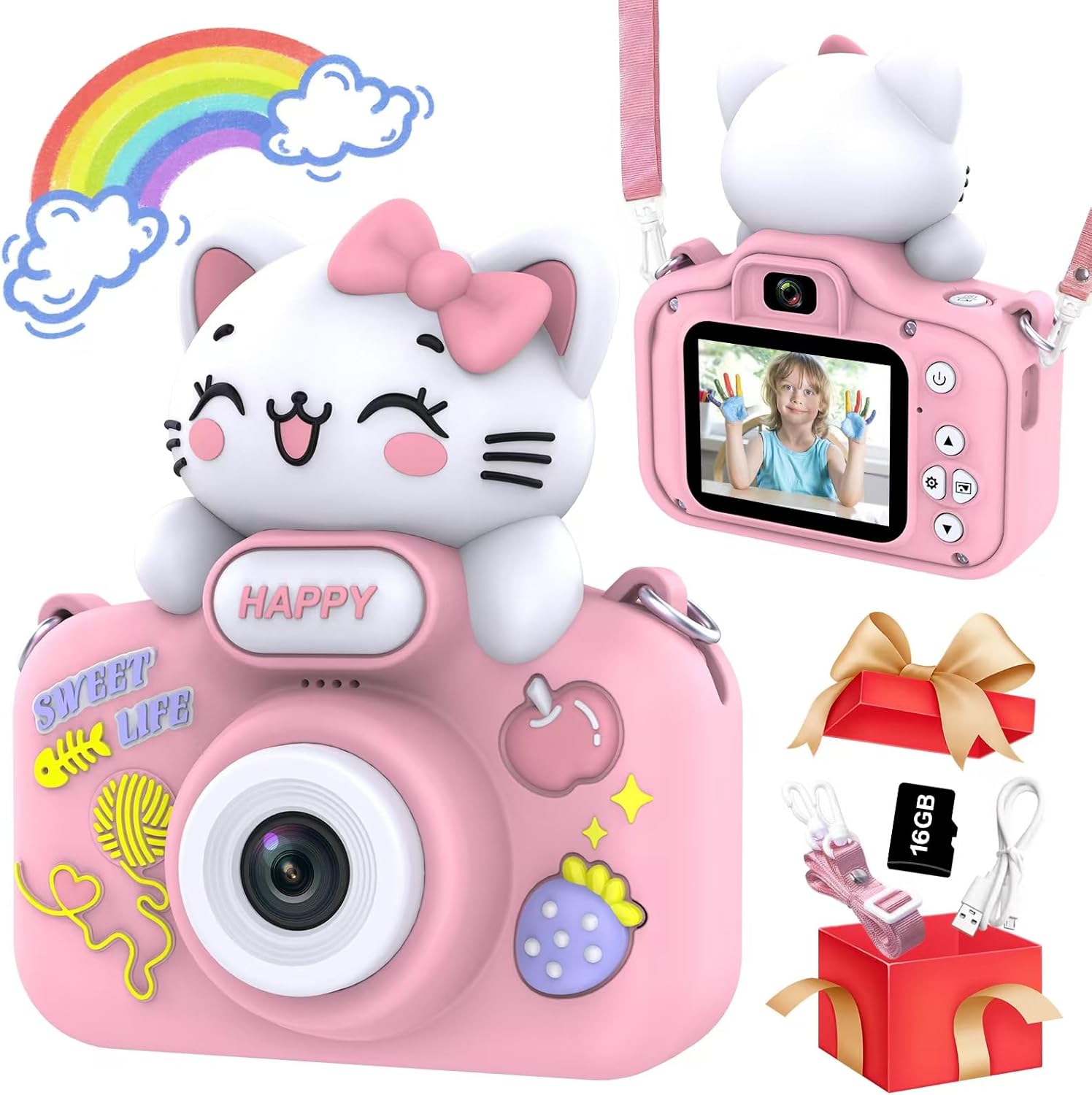 Kids Video Camera with Silicone Cover - Perfect Gift for Girls 3-8 - 16GB SD Card Included
