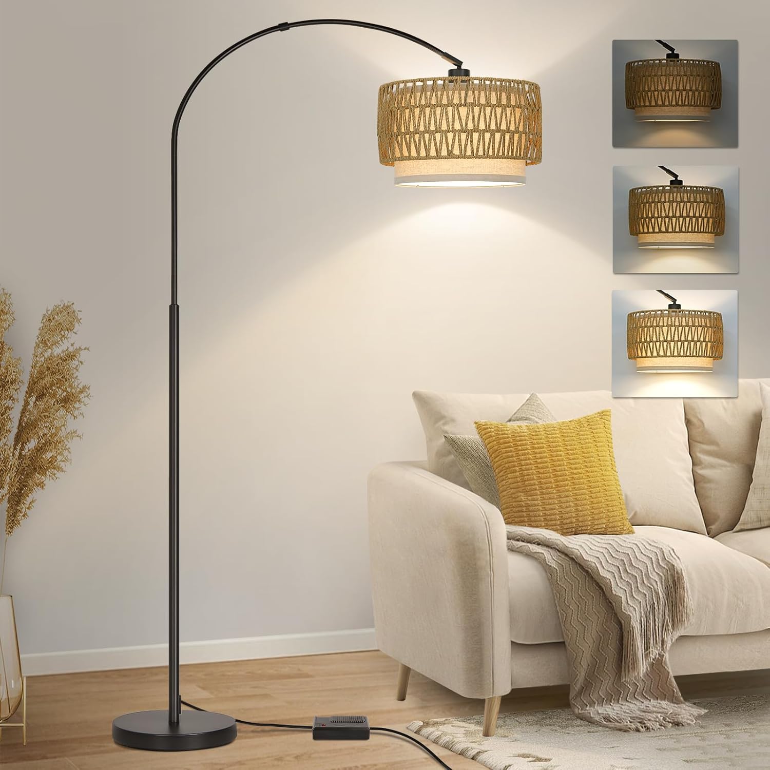 Rattan Floor Lamp for Living Room with Dimmable Arc Design