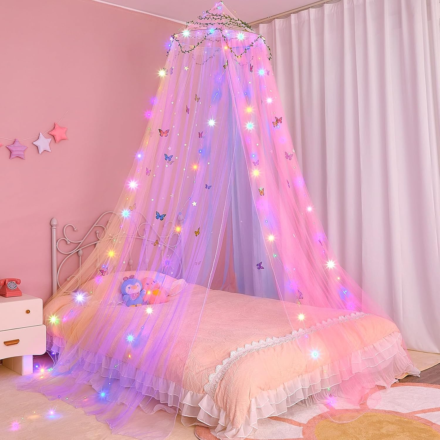 FIOBEE Rainbow Bed Canopy with LED Lights