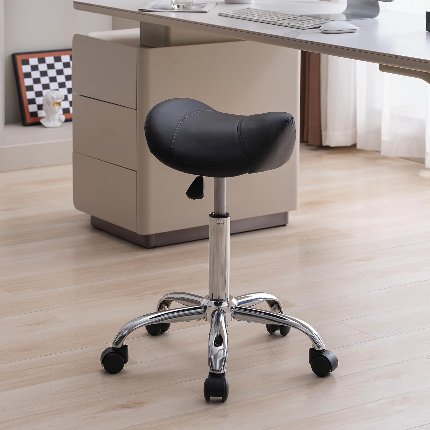 Adjustable Rolling Saddle Stool with Wheels for Comfort and Style
