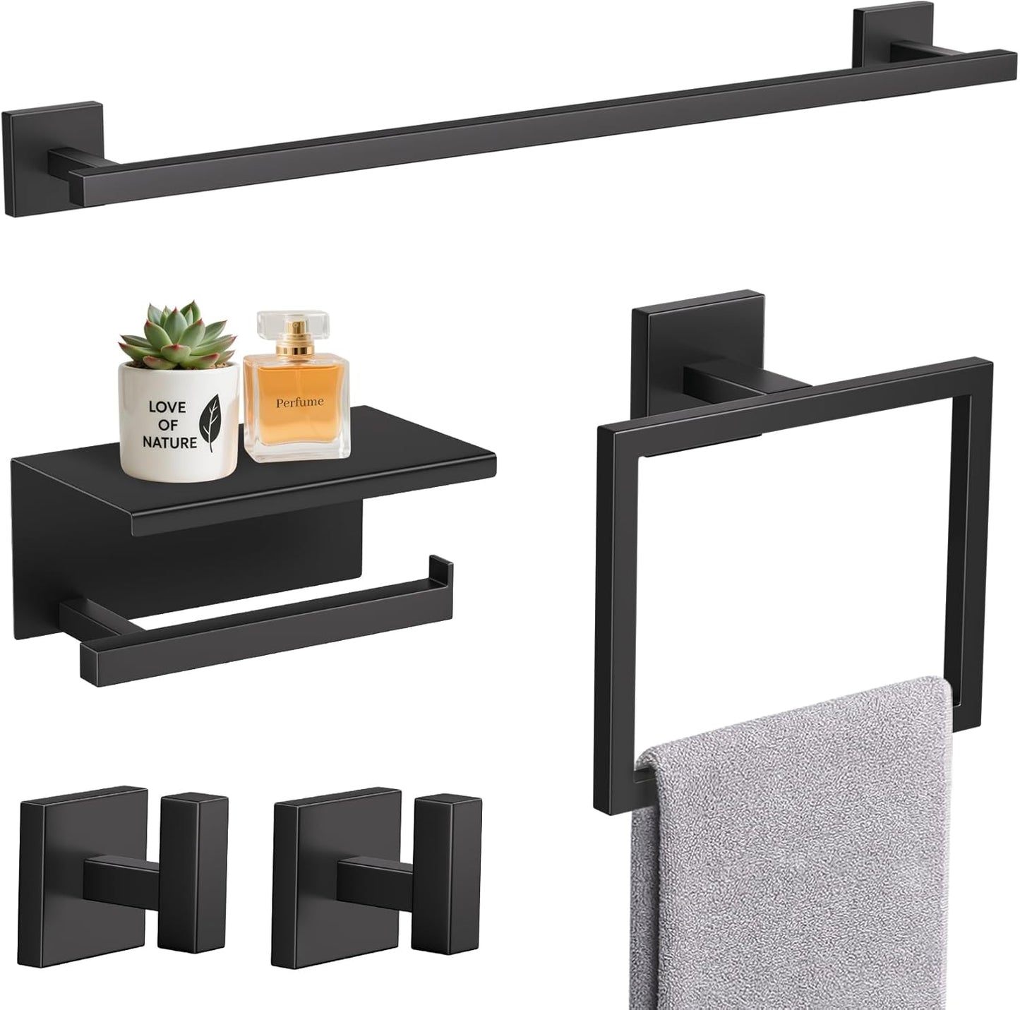 TURS 5-Piece Matte Black Bathroom Hardware Set for Modern Homes
